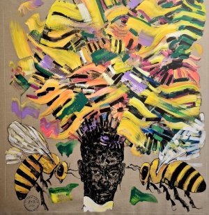 Girmachew Getnet, Merging with the Bees, 2023, Acryl auf Leinwand, 200x185 cm