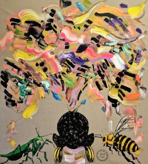 Girmachew Getnet, Voices of Mantis and Bees, 2023, Acryl auf Leinwand, 200x185 cm