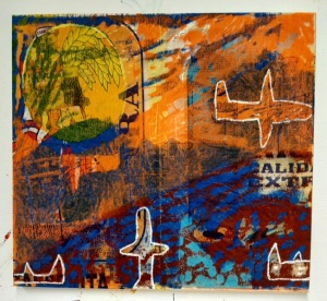 Juan Collantes, Landung am Pazifik, 2021, Holzschnitt auf Reissack, 79 x 73 cm