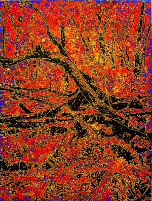 Jan Davidoff, Deckung, 2020, Mischtechnik auf Leinwand, 160 x 120 cm, rot, Wald, Kunst, Baum