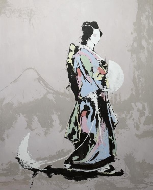 Lars Teichmann, geisha with white animal, 2021, Acryl auf Leinwand, 250 x 200 cm