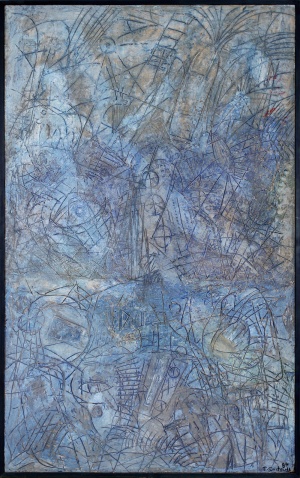 Robert Rehfeldt, Skripturale Zeichen, 1984, Sand, Papiermaische, Ölfarbe, Holz,  207 x 128 cm