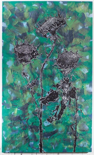Jan Davidoff, Da draußen, 2019, Mischtechnik auf Holz, 160 x 94 cm, Blumen, Blau, Kunst, Konstanz