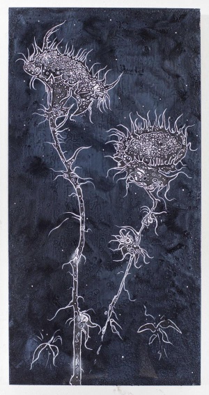 Jan Davidoff, Zwiewuchs, 2019, Mischtechnik auf Holzplatte, 120 x 60 cm, Blumen, Blau, Konstanz, Frankfurt