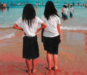 Römer + Römer, Zwei Schulmädchen blicken aufs Meer, 2010, Öl auf Leinwand, 130 x 150 cm