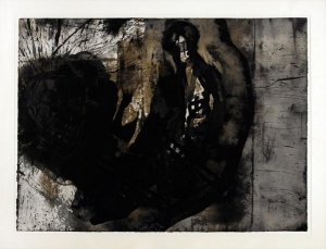 Michael Morgner, Tod und Mensch, 1990, Tusche, Lavage und Asphalt auf Papier, 78x106 cm