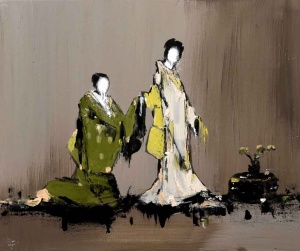 Lars Teichmann, Two geishas, 2022, Acryl und Lack auf Leinwand, 40x60cm